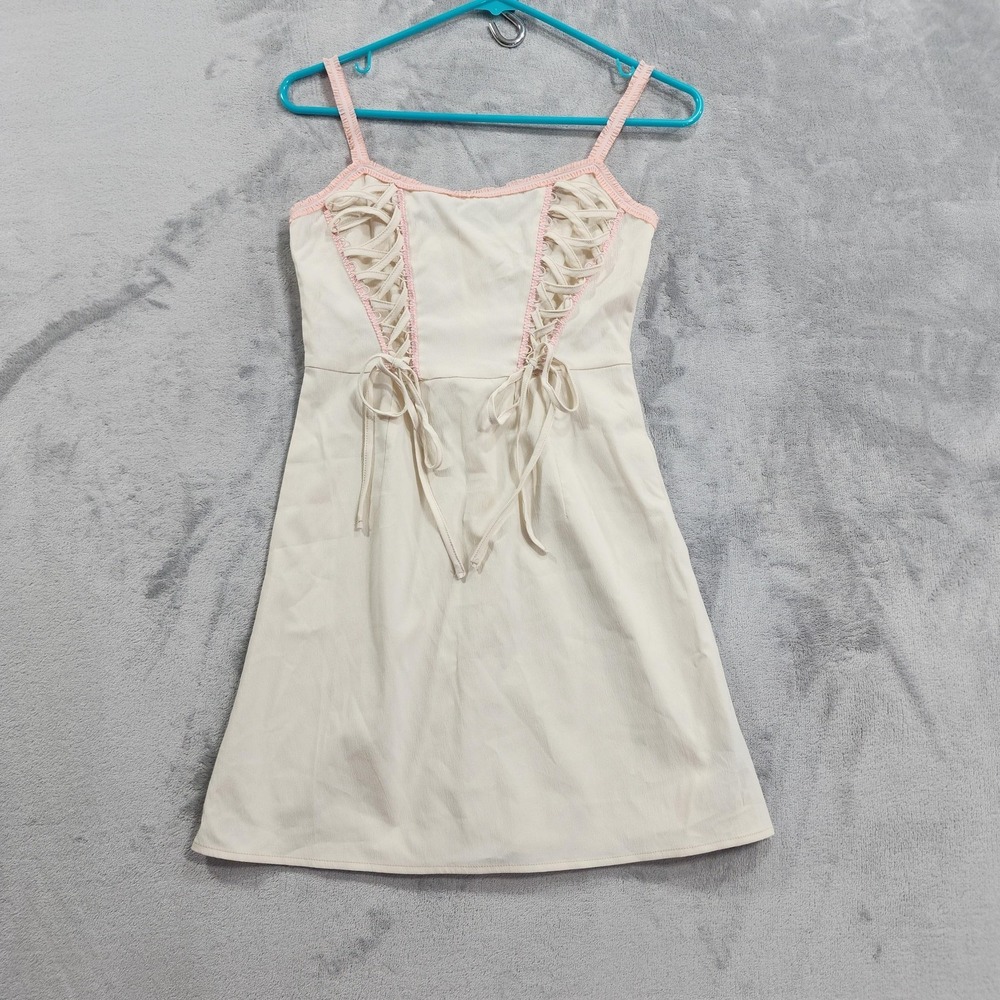 NEW Cider Dress Womens XS Beige Corset Lace Up Square Neck Strappy Mini Sundress
